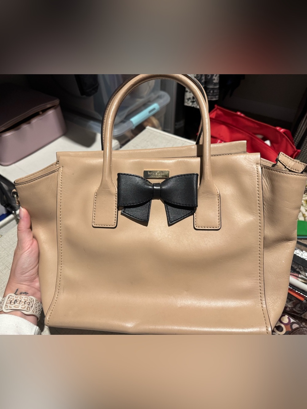 kate spade Beige Leather Satchel with Black Bow Accent